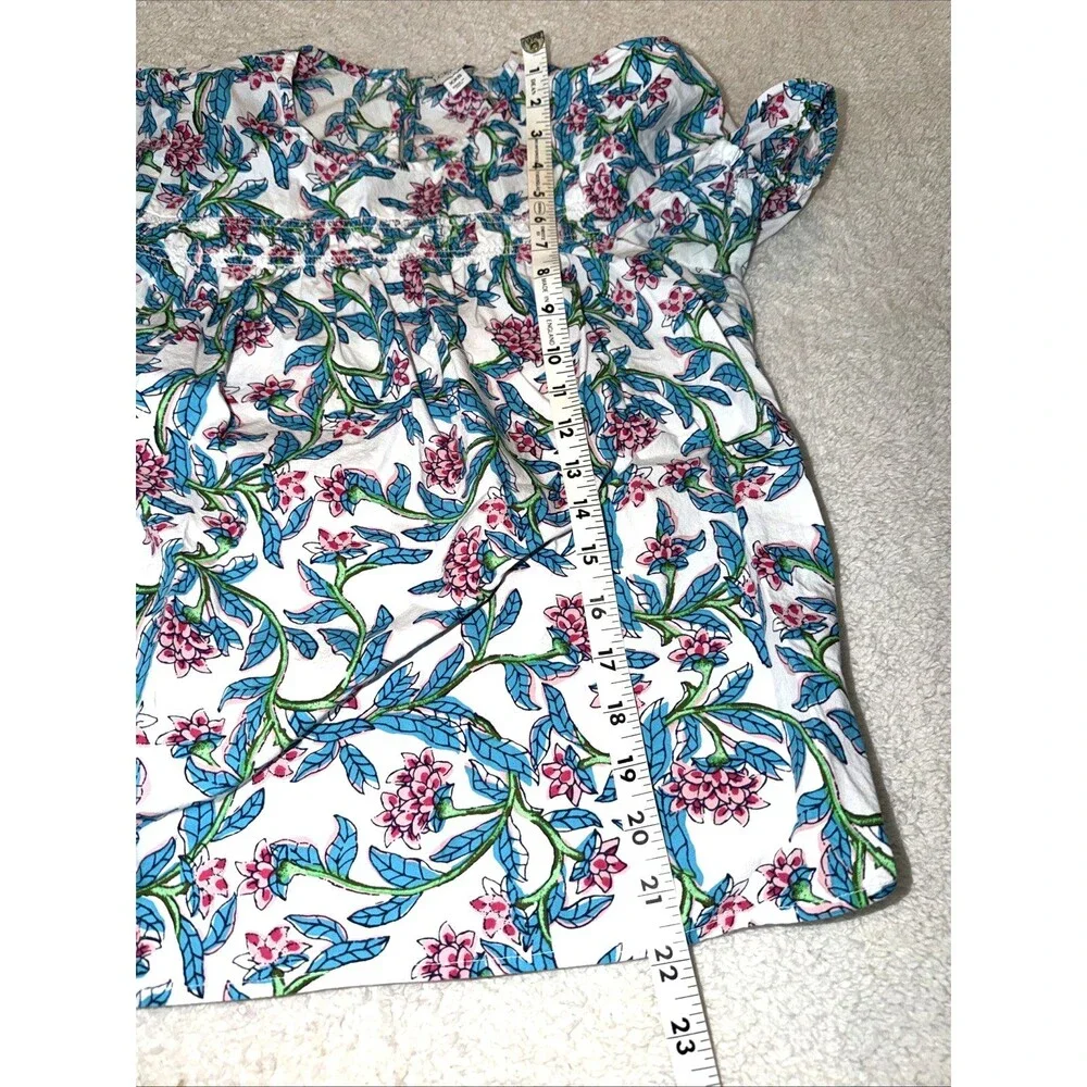 J. Crew Womens Top Blouse XXS Short Sleeve Floral Puff Sleeve Blue Pink